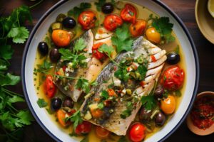 Lombos de Pescada com batata doce, tomate cherry e grelos